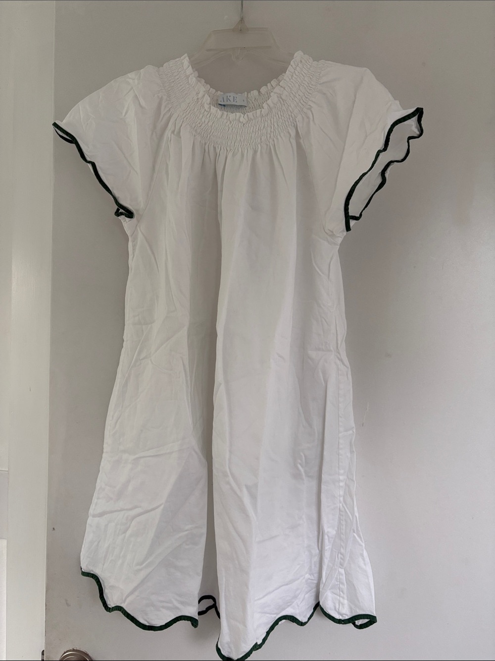 LAKE White Smocked dress/ lounge wear with Ruffled Neckline